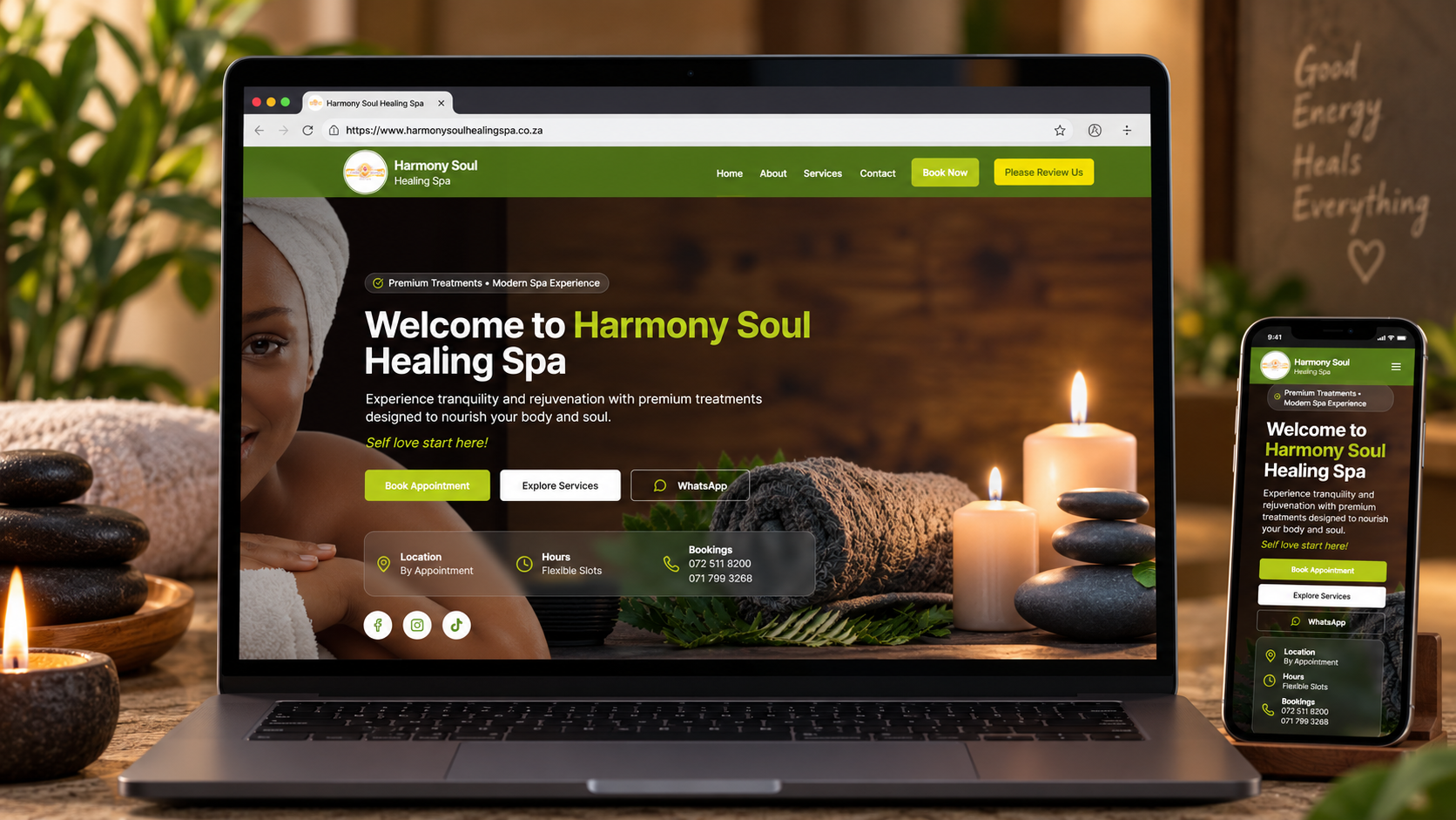 Harmony Soul Healing Spa desktop website mockup created by Afro-Intelligent