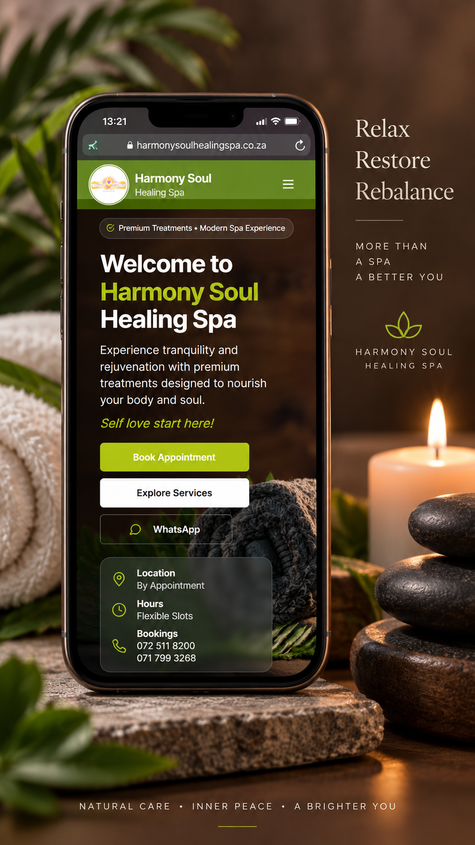 Harmony Soul Healing Spa mobile website mockup created by Afro-Intelligent