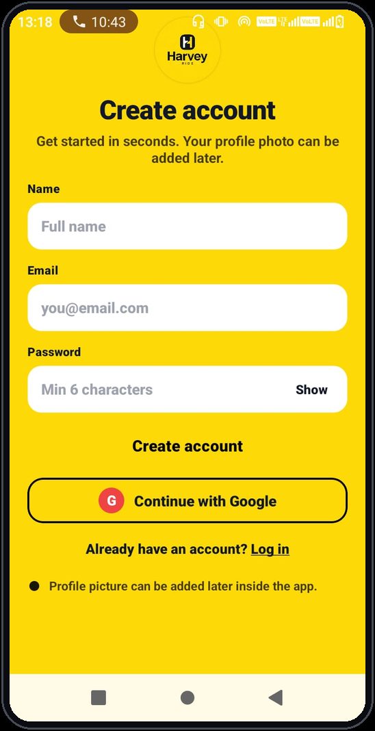 Harvey Account entry screen