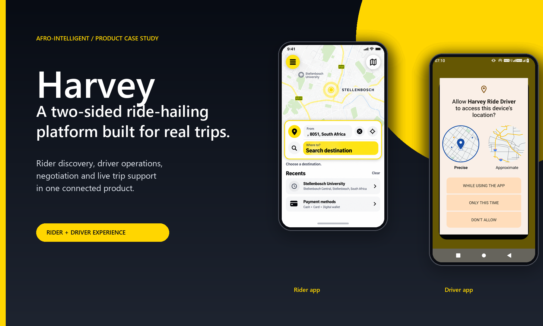 Harvey ride-hailing product with Rider and Driver mobile apps